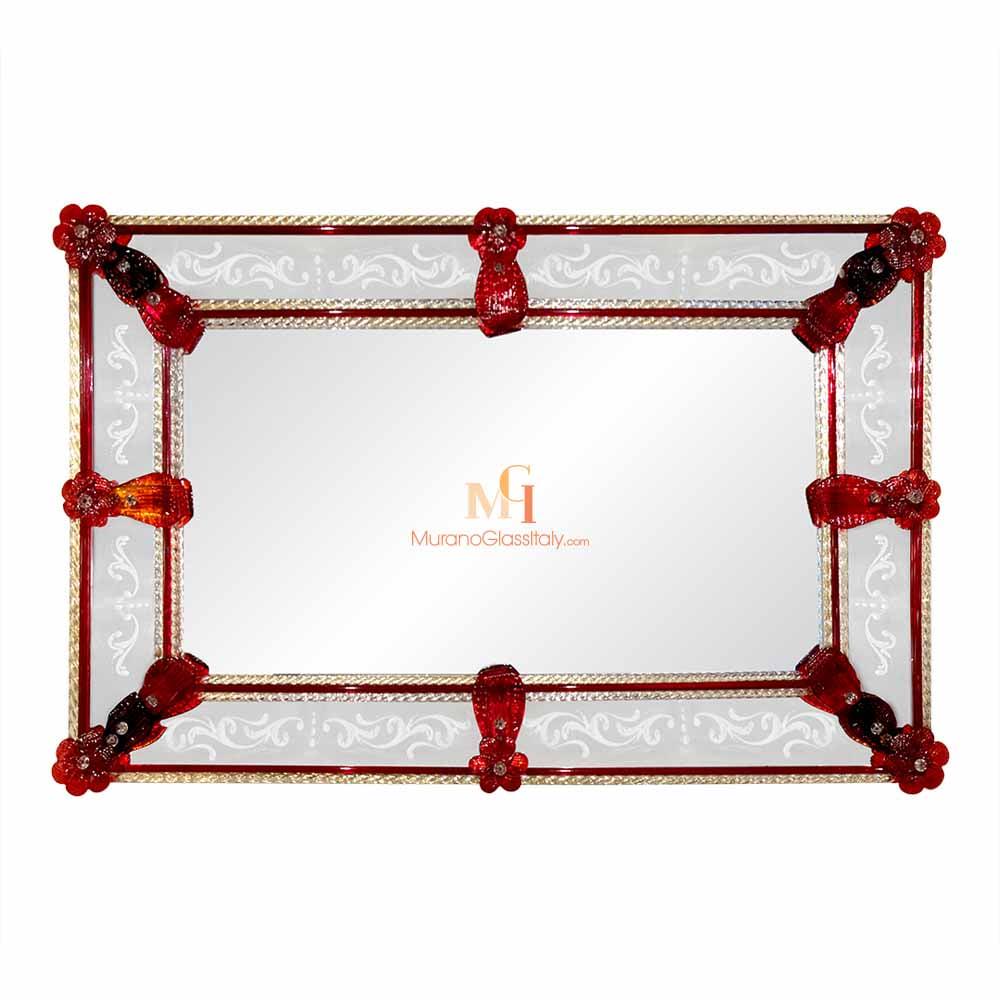 24金の赤いベネチアンミラー - イタリアのデザイナーミラー - ムラーノ