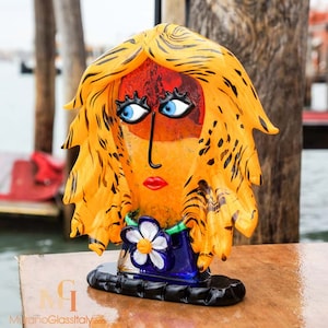 Woman Face Glass Sculpture - Murano Crystal Glass Figure - Homage to Picasso - Blond Female Sculpture - 100% Handmade in Murano, Italy
