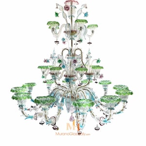 Green Crystal Chandelier - Handmade Chandelier - Italian Modern Light - Wired For Your Country - Hand Blown Lighting Made in Venice