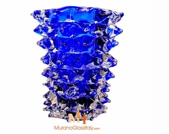 ムラーノガラス花瓶 ブルー ハンドメイド ペイントミルフィオリ 高さ