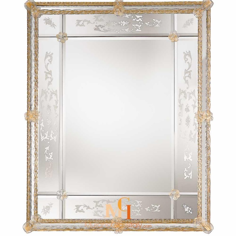 Designer Mirrors For Living Rooms with 24 Karat Gold Details - Murano Art Glass - Elegant Masterpiece - Luxury Mirror - Handmade in Italy image 1