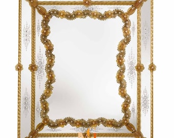 Handmade Venetian Mirror with Amber Floral Details – Italy