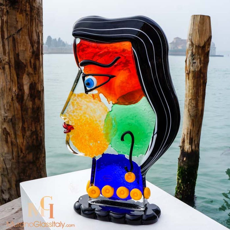 Picasso Head Glass Sculpture Multi Color Glass Sculpture Handmade
