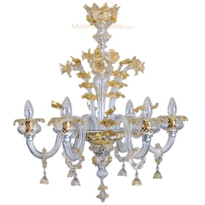 Italian Glass Chandelier with 24 Karat Gold - Handmade Gold Chandelier with Flowers- Wired for your Country - Hand Blown in Murano, Italy