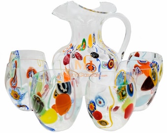Multi Colorful Drinking Glasses - Set of 6 Glasses and Jug - Crystal Italian Glassware - Hand Blown Murano Drinkware Set - Made in Italy