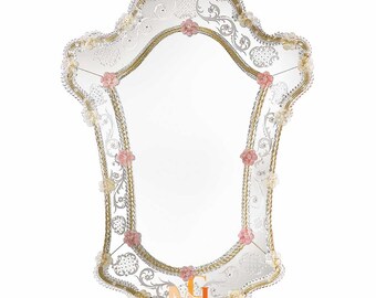 Small Venetian Mirror with 24 Karat Gold Details - Elegant Masterpiece - Hand Blown Luxury Mirror - Crystal Centerpiece - Handmade in Italy