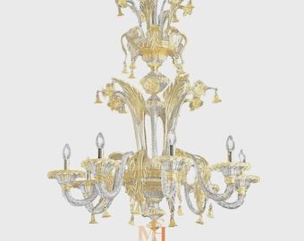 Gold and Crystal Chandelier - Handmade Chandelier - Italian Modern Light - Wired For Your Country - Hand Blown Lighting Made in Venice