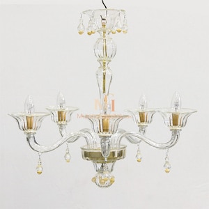 Murano Glass Chandelier With 24 Karat Gold - Handmade Clear Chandelier - Italian Modern Light - Wired For Your Country - Made in Venice