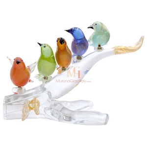 Glass Birds on a Branch - 5 Birds - Murano Bird - Glass Animal Figurines - Murano Animal - Handmade Gift - Handmade Glass - Made in Italy
