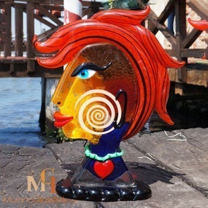 Picasso Style Sculpture - Hand Blown Original Murano Glass Sculpture - Venetian Glass Female Head Statue - 100% Handmade in Murano, Italy