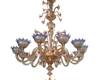 Hand Blown Murano Glass Chandelier – 24 Karat Gold, Wired For Your Country