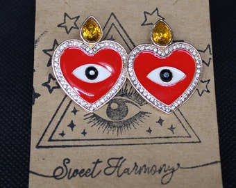 All seeing eye evil eye red heart earrings gem earrings fun festival