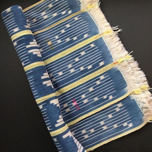 May include: Rolled blue and white patterned textile with a fringe edge. The fabric features a repeating pattern of white lines and shapes on a blue background. Yellow stitching and accents are visible.
