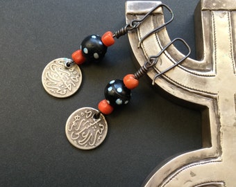 AMAZIGH COIN EARRINGS,Berber earrings,Amazigh antique coral,Venetian beads earrings,Berber silver,African jewelry,antique silver coins