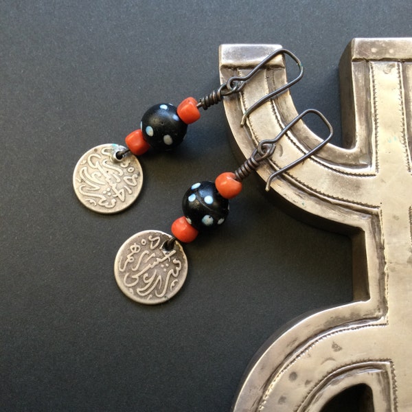 AMAZIGH COIN EARRINGS,Berber earrings,Amazigh antique coral,Venetian beads earrings,Berber silver,African jewelry,antique silver coins