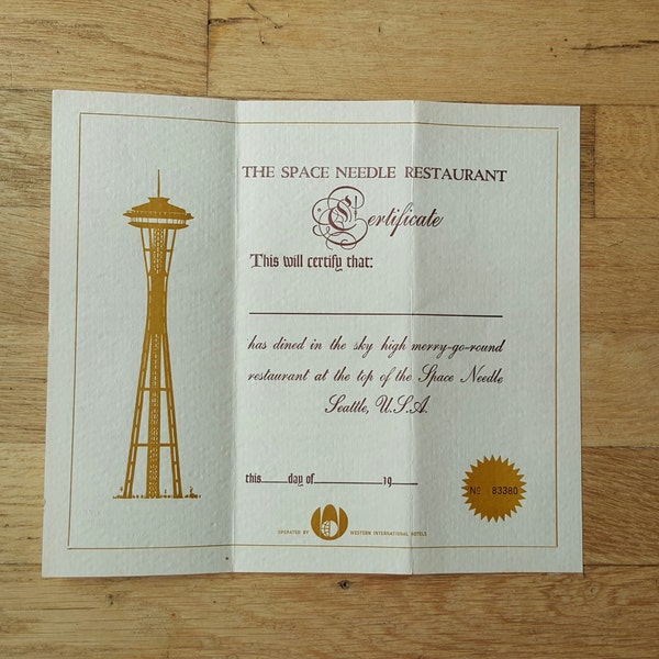Certificado de la Feria de mundo de Seattle y espacio aguja kids menú