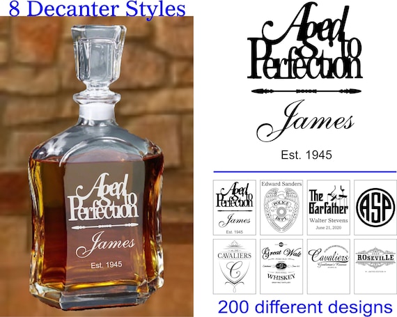 Hand-engraved whiskey decanter with custom names/dates — the kind of barware that actually gets displayed, not stuffed in a cabinet.