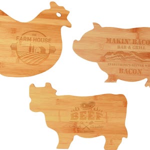 Laser Engraved Personalized Bamboo Cutting Boards - Farm Animal Shapes!
