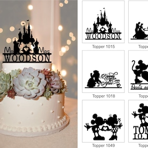Cake Toppers, Laser Engraved, Personalized , Custom Wedding Topper, Bride and Groom, Cake Silhouette, Disney