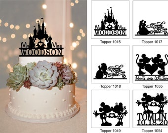 Cake Toppers, Laser Engraved, Personalized , Custom Wedding Topper, Bride and Groom, Cake Silhouette, Disney