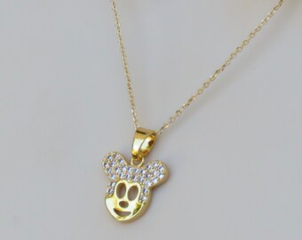 Colar Mickey Mouse Disney, joias de ouro, ouro 14k preenchido, pingente de zircônia cúbica, joias minimalistas, colar delicado, presente de colar de ouro