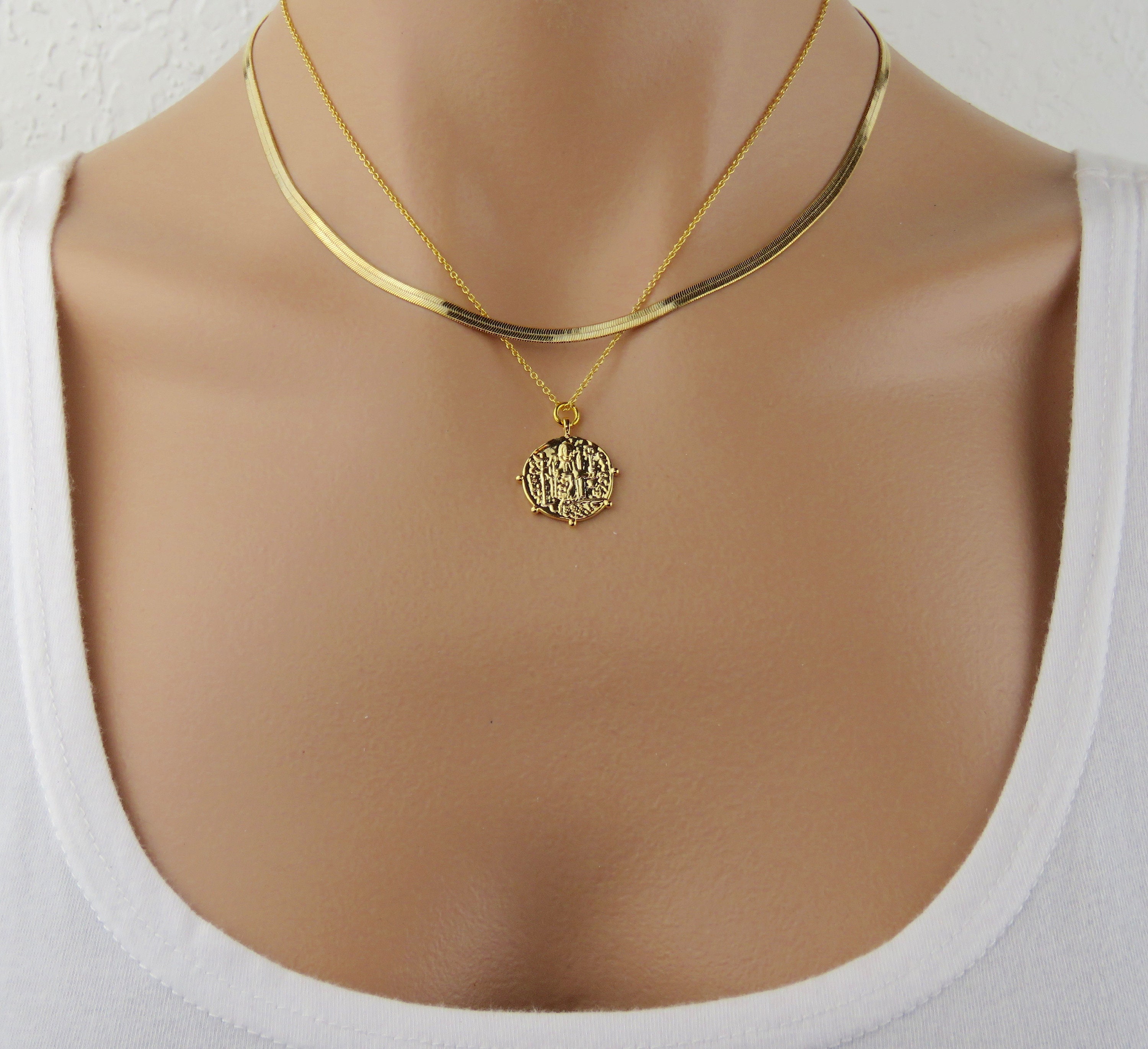 Gold Herringbone Snake Chain Greek Coin Necklace Set / Greek Etsy