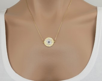 Kelistom Collana Placcata Oro 14K Con Ciondolo Malocchio Rotondo - Gioiello Bohémien Con Zirconi, Protezione Greco Turca, Per Donne E Uomini