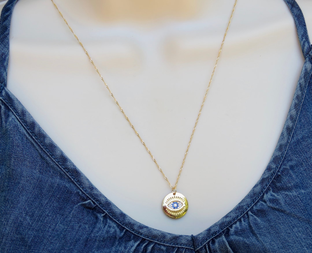 Evil Eye Necklace Greek Jewelry 14k Gold Filled Minimalist Etsy