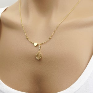 18k Gold Love Tennis Necklace, Tennis Racquet Pendant, Love Tennis, Tennis Jewelry, Tennis Player Gift, Gold Tennis Racquet , Heart Gift