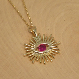 Evil Eye Necklace, Greek jewelry, 18k Gold Filled, Minimalist jewelry, Ruby July Birthstone, Evil Eye Charm, Dainty Necklace, Gold Necklace