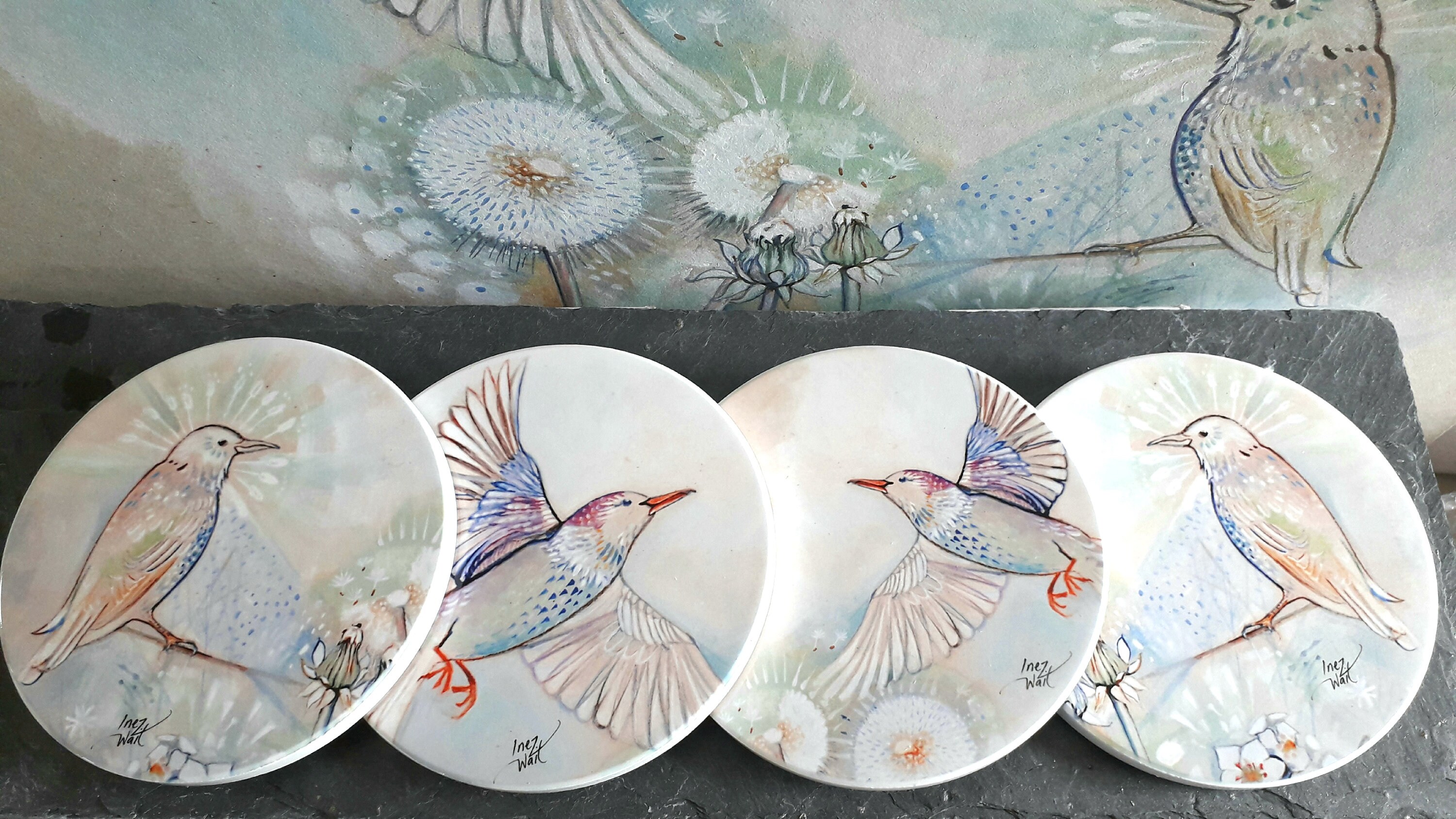 Ceramic coasters/Birds and flowers/set of 4 Etsy