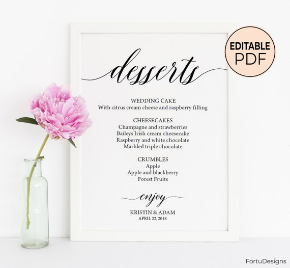 dessert menu template editable menu dessert table decor etsy