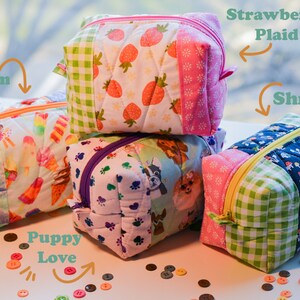 Quilted Fabric Zipper Pouch Makeup, Strawberry, Cometic Quilted Bag, Zipper Pouch for Pens or Art Supplies, Icecream, Plaid, Pastel, Lined