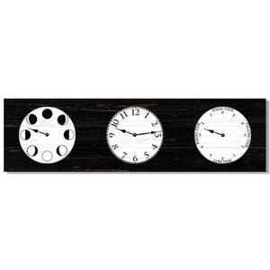 May include: A black and white wooden wall clock with three circular faces. The left face shows the phases of the moon, the middle face shows the time, and the right face shows the tide.