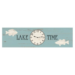 May include: A light blue wooden sign with a white clock face and black hands. The sign reads "LAKE TIME" with a white fish silhouette on each side.