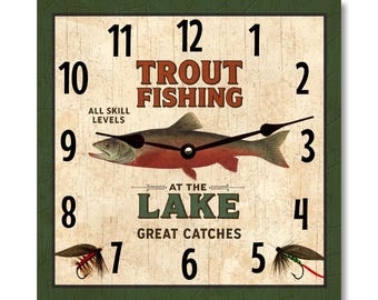 Square Trout Wall Clock – Rustic Lodge, Cabin, and Angler Fishing Décor