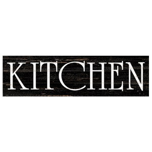 May include: A rectangular wooden sign with a black distressed finish and horizontal wood grain texture. The word KITCHEN is printed in large, white, serif capital letters across the centre of the sign, spanning the entire length of the board.