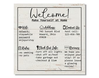 Airbnb Welcome Sign with Stand | Custom Vacation Rental Sign | WiFi, House Rules, Guest Info