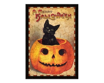 Decorazione vintage di Halloween: stravagante gatto nero e segno di zucca