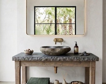 Aged Wood French Country Bathroom Vanity with Concrete Top | Handmade Vessel Sink Vanity | Bathroom Cabinet
