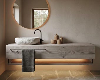 Mueble de baño de madera envejecida / Mueble de baño con lavabo de vasija hecho a mano / Mueble de baño / Muebles minimalistas para el hogar envejecido