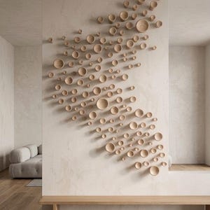 May include: A wall-mounted art installation featuring numerous wooden, bowl-shaped elements of varying sizes. The pieces are arranged in a flowing, organic pattern against a neutral-toned wall. A wooden bench sits below the artwork, complementing the natural aesthetic.