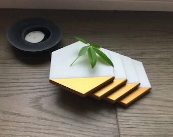 Sale*** Hexagon White Marble Coasters. Set of 2, Set of 4 or Set of 6. Gold Painted Honed Marble. Natural Stone Coasters. Geometric Coasters