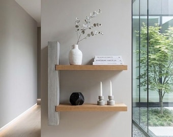 Moderna trä- och betonghyllor | Träväggkonst | Betonghylla | Flytande växtställ | Minimalistisk lyxig vägghylla