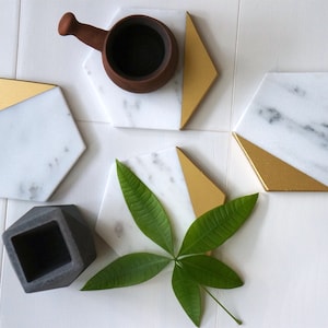 Hexagon Coasters. Set of 2, Set of 4 or Set of 6. Carrara White Gold Painted Honed Marble. Natural Stone Coasters.