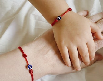 Parent & Baby Silver or Gold Evil Eye Red String Adjustable Bracelet / Good Luck Child Protection Bracelet / Infant Protection Bracelet