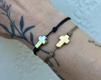 Stainless Steel Cross Charm Adult Bracelet / Minimalist Adjustable Waterproof Bracelet