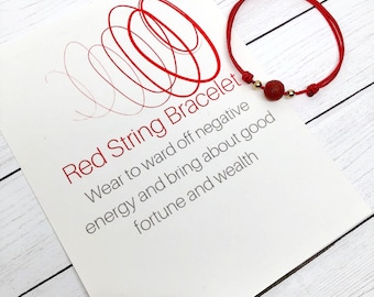 Red String Lava Bead Bracelet with Card / Kabbalah Red Bracelet / Good Luck Bracelet / Essential Oil Diffusing Bracelet /Friendship Bracelet