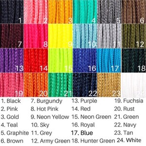 May include: A color chart of 24 different colors of cord, with each color labeled with a number and a name. The colors include black, pink, gold, teal, graphite, brown, burgundy, hot pink, neon yellow, sky, grey, army green, purple, red, neon green, royal blue, hunter green, fuchsia, rust, green, navy, tan, and white.