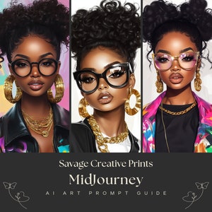 May include: Three digital illustrations of a Black woman with curly hair in a bun, wearing large gold hoop earrings, gold necklaces, and black framed glasses. The woman in the left image is wearing a black leather jacket, the woman in the center image is wearing a black leather jacket, and the woman in the right image is wearing a colorful floral jacket.